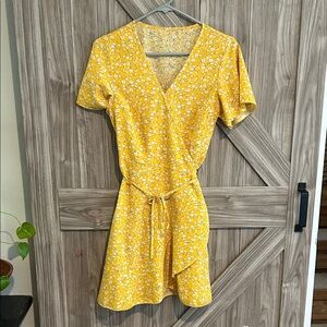 SHEIN Yellow Floral Wrap Mini Dress